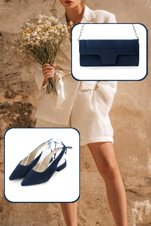 Dress slingback heels in navy blue leather with flat flare heels and pointed toe - Worn view